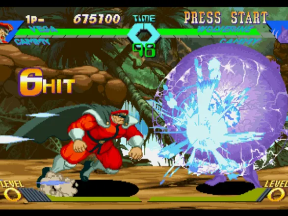 X-Men vs. Street Fighter PlayStation Vega (M. Bison) executes the Dash command while his Psycho Bomb hit-damages Wolverine with 6 hits...