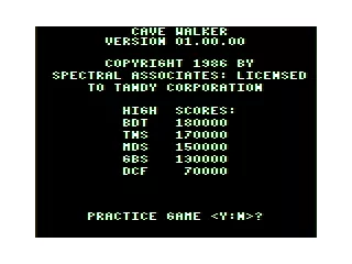 Cave Walker TRS-80 CoCo 2nd Credits screen/high scores/Practice or real game?