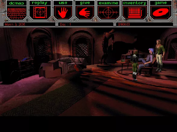 Hell: A Cyberpunk Thriller DOS Menu at the top of the screen