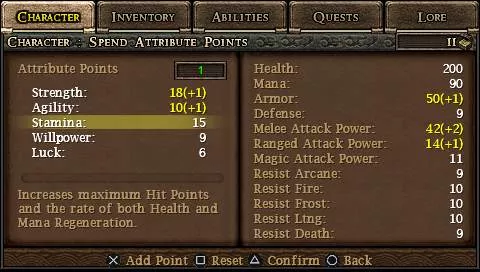 Dungeon Siege: Throne of Agony PSP Character attributes screen