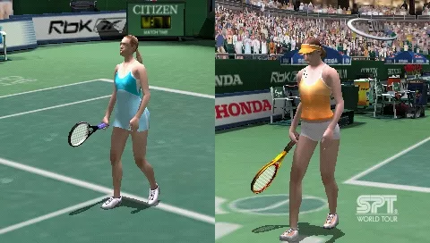 Virtua Tennis 3 PSP TVs like camera showing both opponents at some point of game.