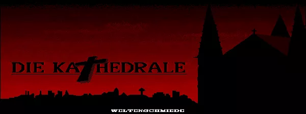 Die Kathedrale DOS Title screen. The screenshots appear distorted, as Die Kathedrale uses the uncommon 360x480 video mode.