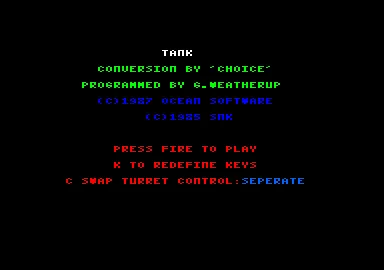 Tank Amstrad CPC Main menu