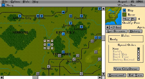 Edward Grabowski&#x27;s The Blue &#x26; The Gray DOS Indicating movement penalties for nearby terrain.  This unit being a boat, its options are understandably limited
