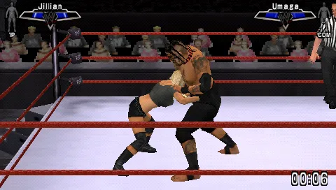 WWE Smackdown vs. Raw 2007 PSP Jillian trying to pick up Umaga.