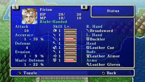 Final Fantasy II PSP Character statistic with weapons skills levels