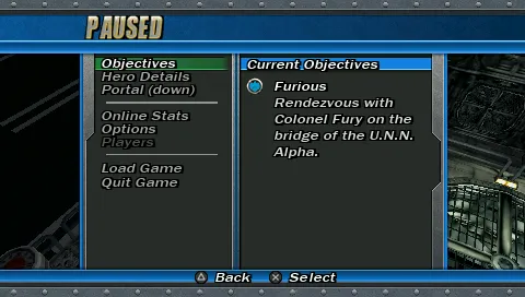 Marvel Ultimate Alliance PSP Pause menu with Objectives list