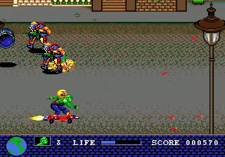 Toxic Crusaders Genesis The game starts with a skateboarding sequence. Jump to continue on foot.
