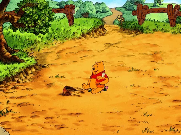Disney&#x27;s Ready For Math With Pooh Windows Pooh lands in a barren-looking garden