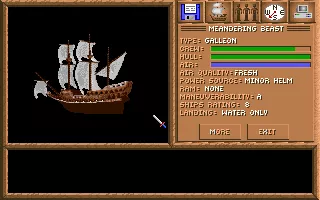 Spelljammer: Pirates of Realmspace DOS Ship Info - this screen provides information about your current vessel. Later in the game, you may acquire many other different ships.