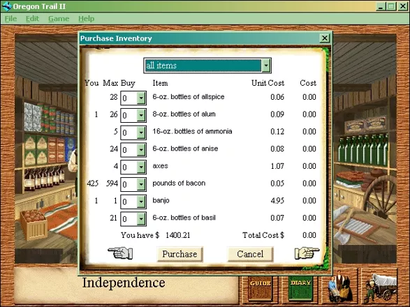 Oregon Trail II Windows Buying goods at the store.