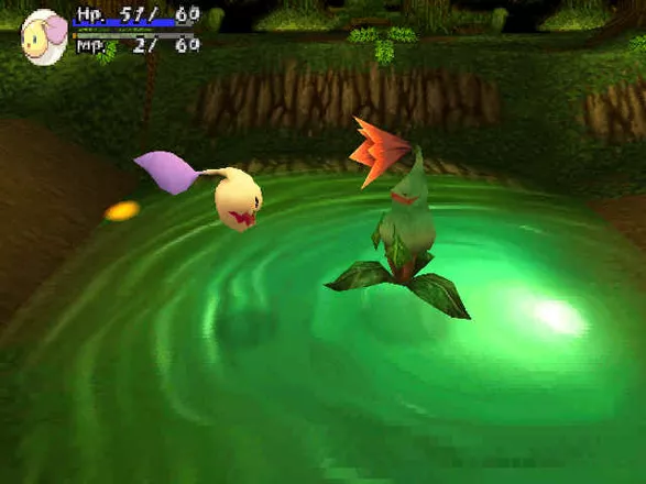 Threads of Fate PlayStation Rue, transformed into a pollywog, fights a plant in the swamp