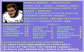 Sentinel Worlds I: Future Magic Commodore 64 Character status screen