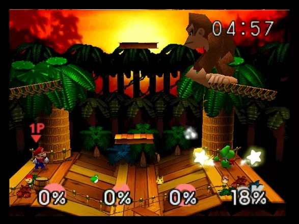 Super Smash Bros. Nintendo 64 Mario, Yoshi and Pikachu trying to beat Giant D.K.