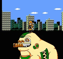 Mitsume ga T&#x14D;ru NES Intro1 - a three-eyed guy appears with a city in the background
