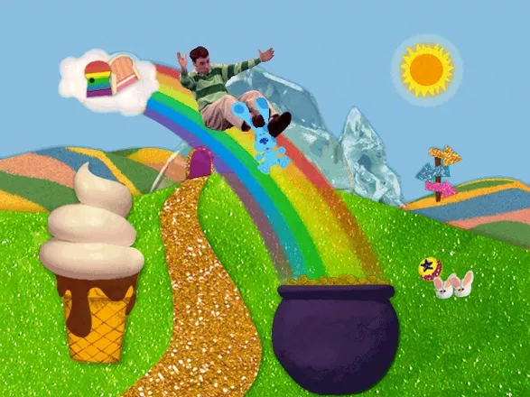 Blue&#x27;s Treasure Hunt Windows Steve and Blue slide down the rainbow bridge into the pot of gold (foil-covered chocolate gold).