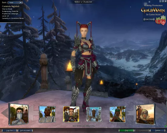 Character selection screen - showing my warrior in one of the new armor sets (Deldrimor Silver Eagle)