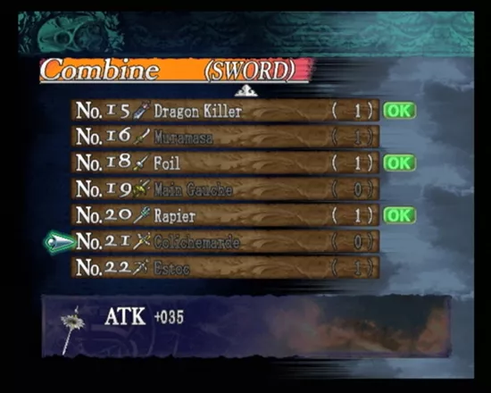 Castlevania: Curse of Darkness PlayStation 2 Combine menu: List of swords you can forge
