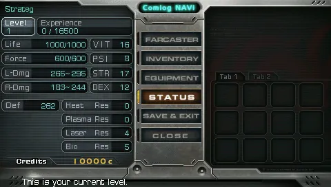 Bounty Hounds PSP Character status screen