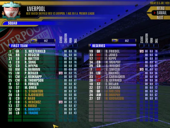The F.A. Premier League Football Manager 2000 Windows Starting squad - Gerrard and Carragher were just coming through at this time.