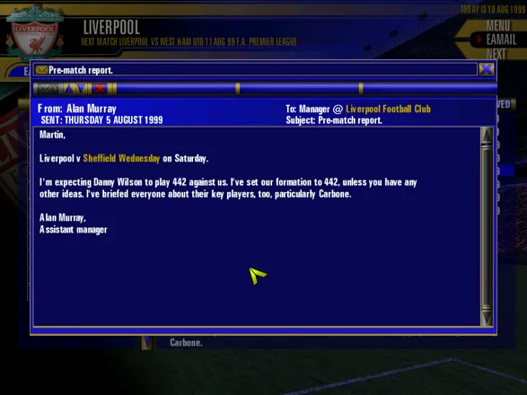 The F.A. Premier League Football Manager 2000 Windows Next match briefing