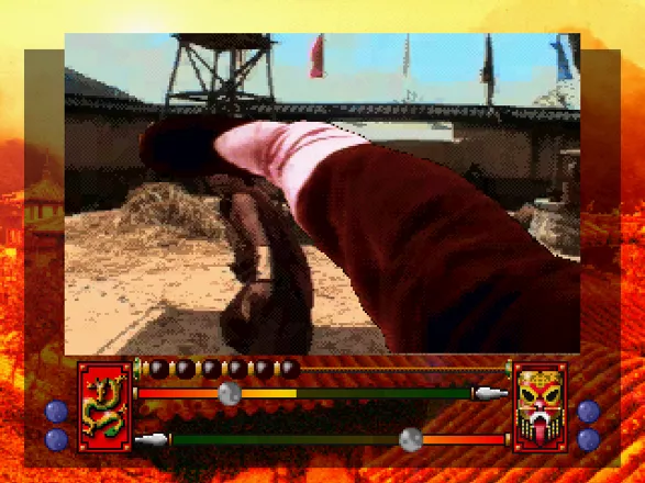Supreme Warrior 3DO Unleashing a roundhouse kick against one of the fire guards.