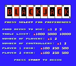 Blackjack NES Rule changes screen where the player can select the Number of Decks Used, Table Limit, and the Starting Cash as well as the Two-Player options.