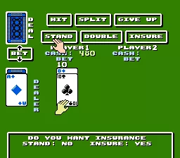 Blackjack NES When the dealer deals an Ace, the player has the option of Insurance.
