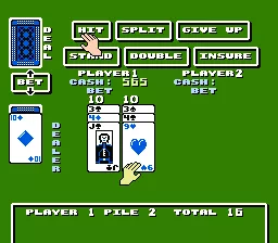 Blackjack NES Playing a split. When two equal cards are dealt (in this case two 3&#x2019;s) the player has the option of spiting the two cards into two different games.