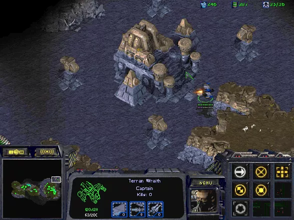 StarCraft: Brood War Windows Cruisin&#x27; via Terran Wraith over some multiplayer map in search for the enemy.