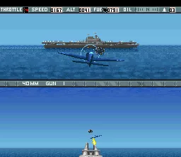Carrier Aces SNES A US plane makes a strafing attack on a japanese ship