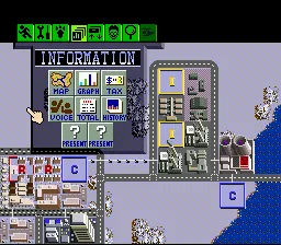 SimCity SNES The information section of the menu bar contains important tools to being a good mayor.