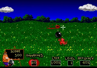 Menacer 6-Game Cartridge Genesis Ready, Aim Tomatoes!: you have to shoot tomatoes against the enemies while avoiding them to shoot you back.