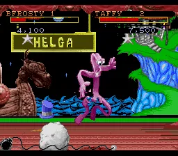 Clay Fighter: Tournament Edition SNES Taffy avoids Frosty&#x27;s snowball attack.
