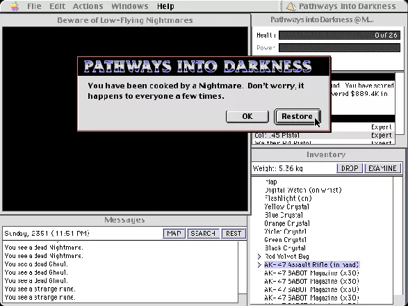 Pathways into Darkness Macintosh The death dialog. The message you get depends on how you died.