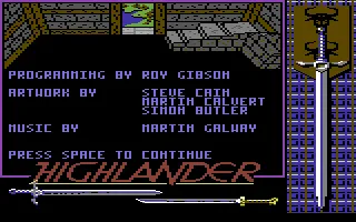 Highlander Commodore 64 Title screen.