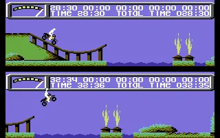 Kikstart 2 Commodore 64 With high speed, you can jump very far with these ramps.