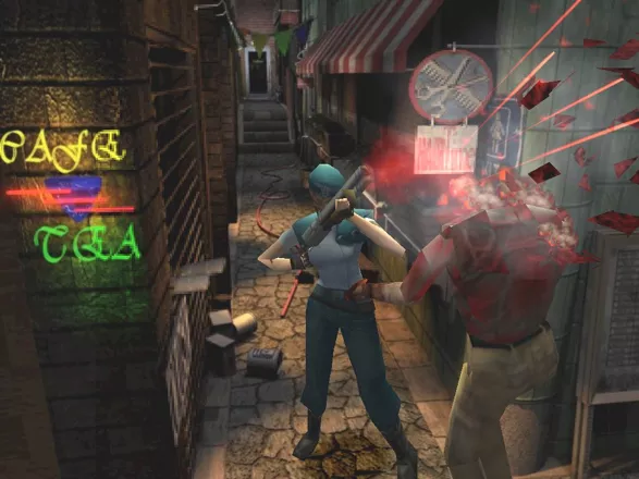 Resident Evil 3: Nemesis Windows Jill decapitates a zombie with her shotgun. Her old STARS uniform is much more sensible for zombie bashing than the cute tank-top she started out with
