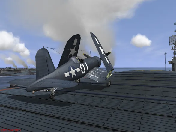 Pacific Fighters Windows Corsair with tilt up wings on the carrier deck.