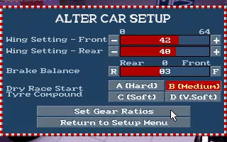 World Circuit DOS The car setup screen. Tune your car&#x27;s performance.