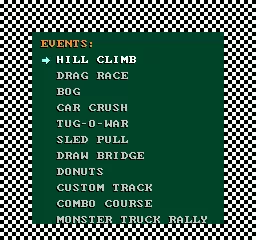 Stadium Mud Buggies NES Events menu