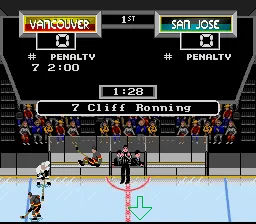 NHL &#x27;94 SNES A nice view of the penalty box as the officiating staff nail Cliff Ronning for a deuce.