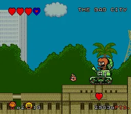 Super Bonk SNES In the city you can destroy buildings.