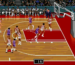 NBA Showdown SNES Trying to block the shot.