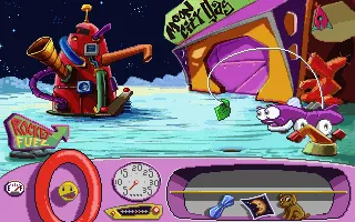 Putt-Putt Goes to the Moon DOS To get rocket fuel, Putt-Putt must first find Robbie Radar at his apartment complex.