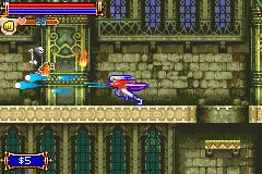 Castlevania: Harmony of Dissonance Game Boy Advance Killing a skeleton with a special weapon.