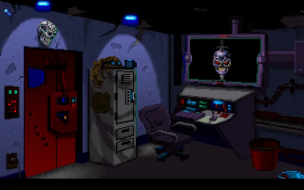 The Terminator 2029 DOS This is the main menu where you pick what you&#x27;d like to do. The monitor is where you load and save games and make characters, the door leads to missions and the bucket makes you bail to DOS.