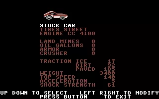 Racing Destruction Set Commodore 64 Configuring a car