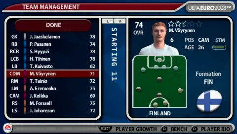 UEFA Euro 2008 PSP Team management menu