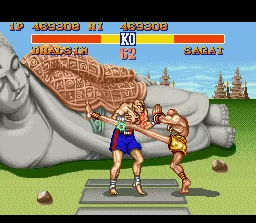 Street Fighter II: The World Warrior SNES Third boss Sagat discovers that Dhalsim&#x27;s legs are pretty long